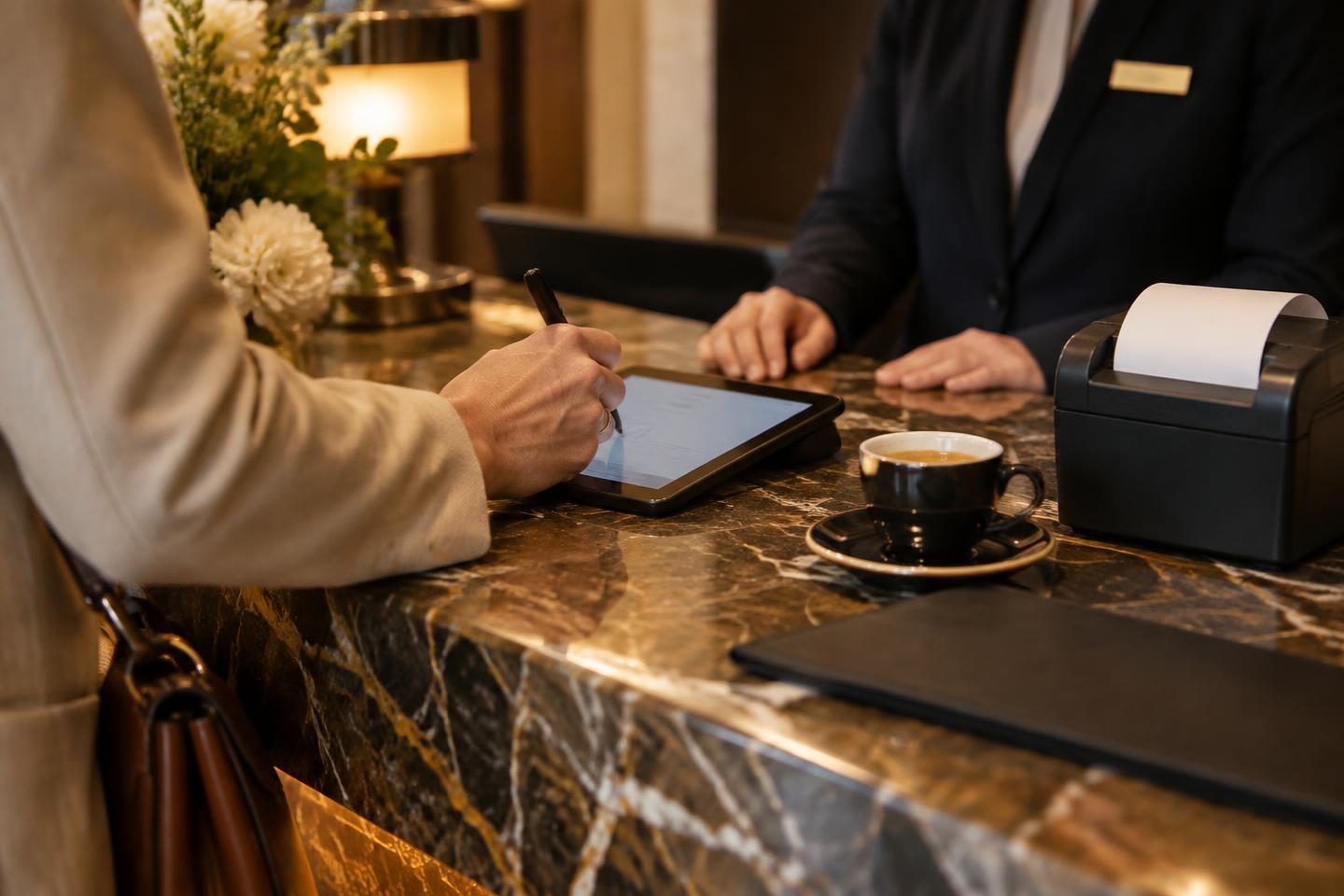 Firma di un addebito camera al banco reception