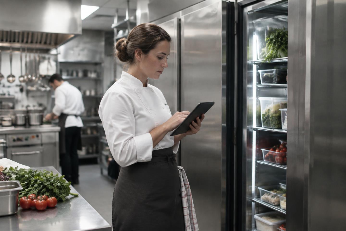 Chef che registra temperature HACCP dal tablet